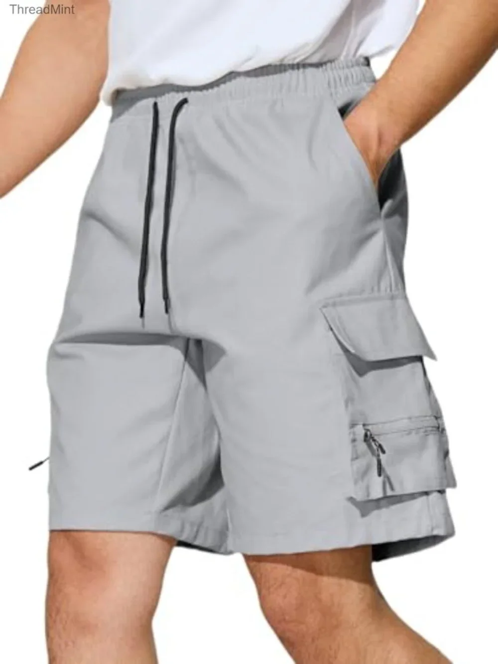 Men's Cargo Shorts with Elastic Waist and Multiple Pockets, Lightweight Cotton